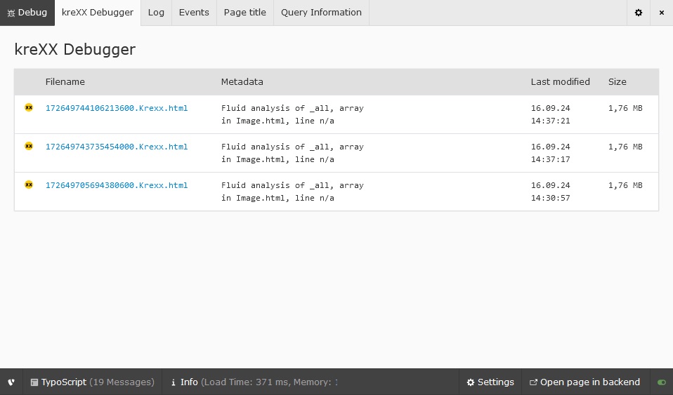 Screenshot of the kreXX Debugger interface showing three files with metadata. Each entry lists filename, description Fluid analysis of _all, array in Image.html, last modified date, and size. Includes a menu bar with options like Log, Events, and Page title.