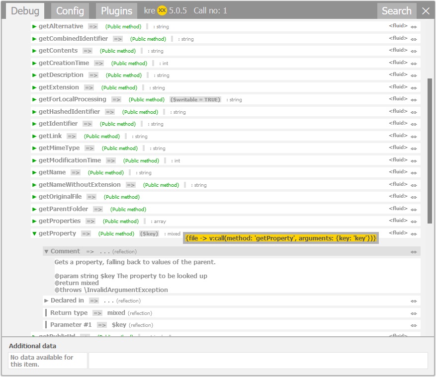 A software debugging tool interface showing functions and methods, with a log entry highlighted containing a code snippet for retrieving a property value.