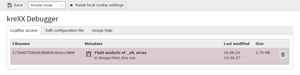 Screenshot of the kreXX Debugger interface showing details of a logfile. Filename: 1726495709594308600krexx.html. Metadata includes Fluid analysis of _all_array. Last modified on 16.09.24 at 14:30:57, size 1.76 MB.