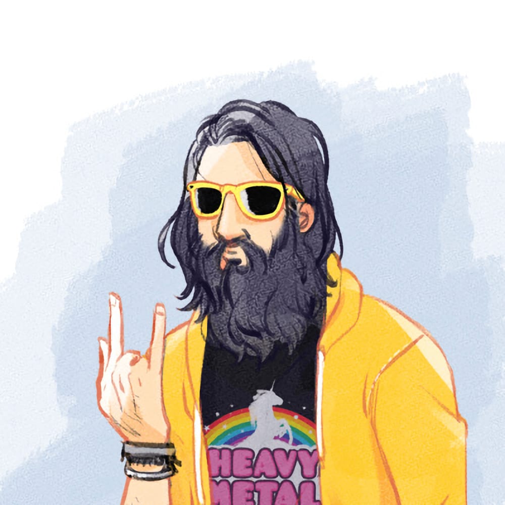 Illustration of a person with long dark hair and a beard, wearing yellow sunglasses and a yellow hoodie. They are making a rock hand gesture and wearing a T-shirt with a unicorn and the words Heavy Metal.