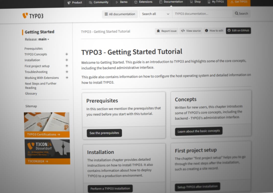 Screenshot of a TYPO3 tutorial webpage titled Getting Started Tutorial. The page includes sections like Prerequisites, Concepts, Installation, and First Project Setup, with buttons to learn more about each topic. The layout is clean and structured.