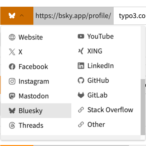 A dropdown menu displaying social media and website icons and names, including Website, X, Facebook, Instagram, Mastodon, Bluesky (highlighted), Threads, YouTube, XING, LinkedIn, GitHub, GitLab, Stack Overflow, and Other.