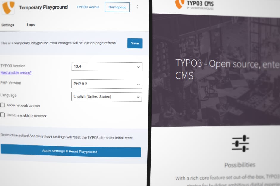 A split-screen shows a TYPO3 CMS setup interface on the left, with version and language options, and the TYPO3 CMS homepage on the right, featuring the text TYPO3 - Open source, enterprise CMS.