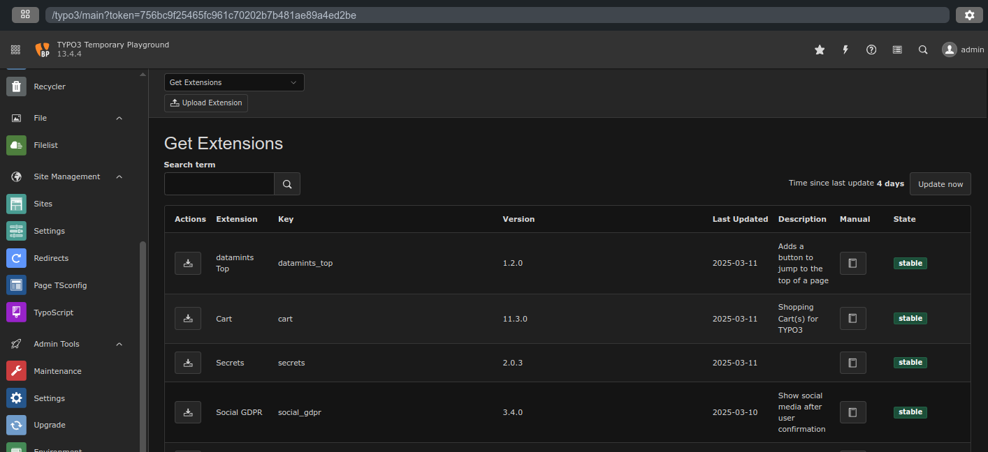 A dark-themed TYPO3 backend displays the Extensions module, listing extensions with details such as name, version, key, last updated date, manual status, and stability. The sidebar shows navigation icons for different sections.