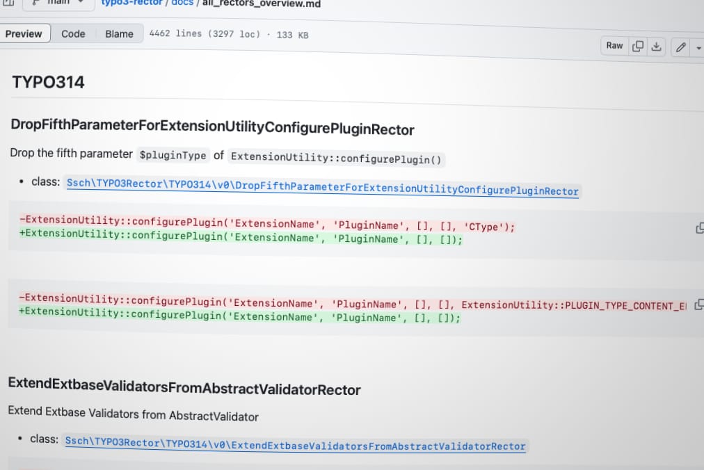 A computer screen displays code changes related to TYPO3 version 14, featuring highlighted class names, function names, parameters, and code snippets in blue, green, and red.