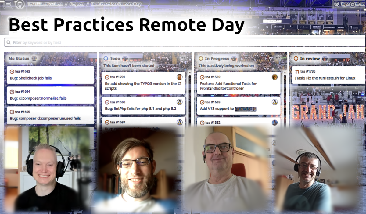 Four smiling people are in a video call, shown in front of a digital project management board with columns for task status under the title "Best Practices Remote Day."