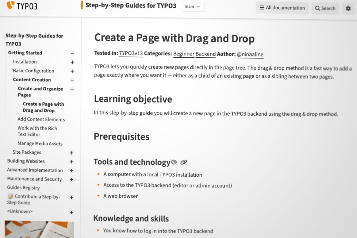 A screenshot of a TYPO3 documentation page titled Create a Page with Drag and Drop, featuring step-by-step guides, prerequisites, and a navigation menu on the left. The main content discusses tools, technology, and required knowledge.