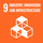 White geometric cubes and bold text on an orange background represent 9 Industry, Innovation and Infrastructure, which is one of the United Nations Sustainable Development Goals.